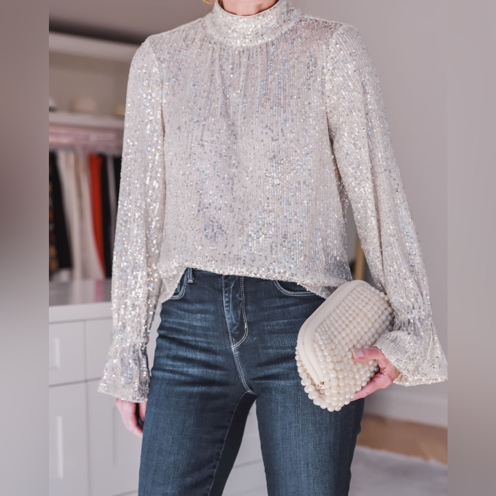 1. State - Silver Sequin Blouse - Perfect for all of your holiday events!
